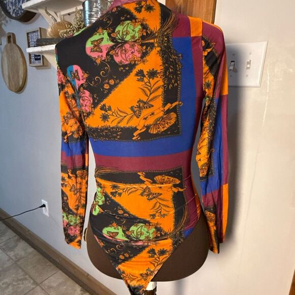 Akira sheer colorful bodysuit women’s size small long sleeve geometric abstract - Picture 4 of 8